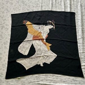 Elegant Black Scarf with Geisha Design